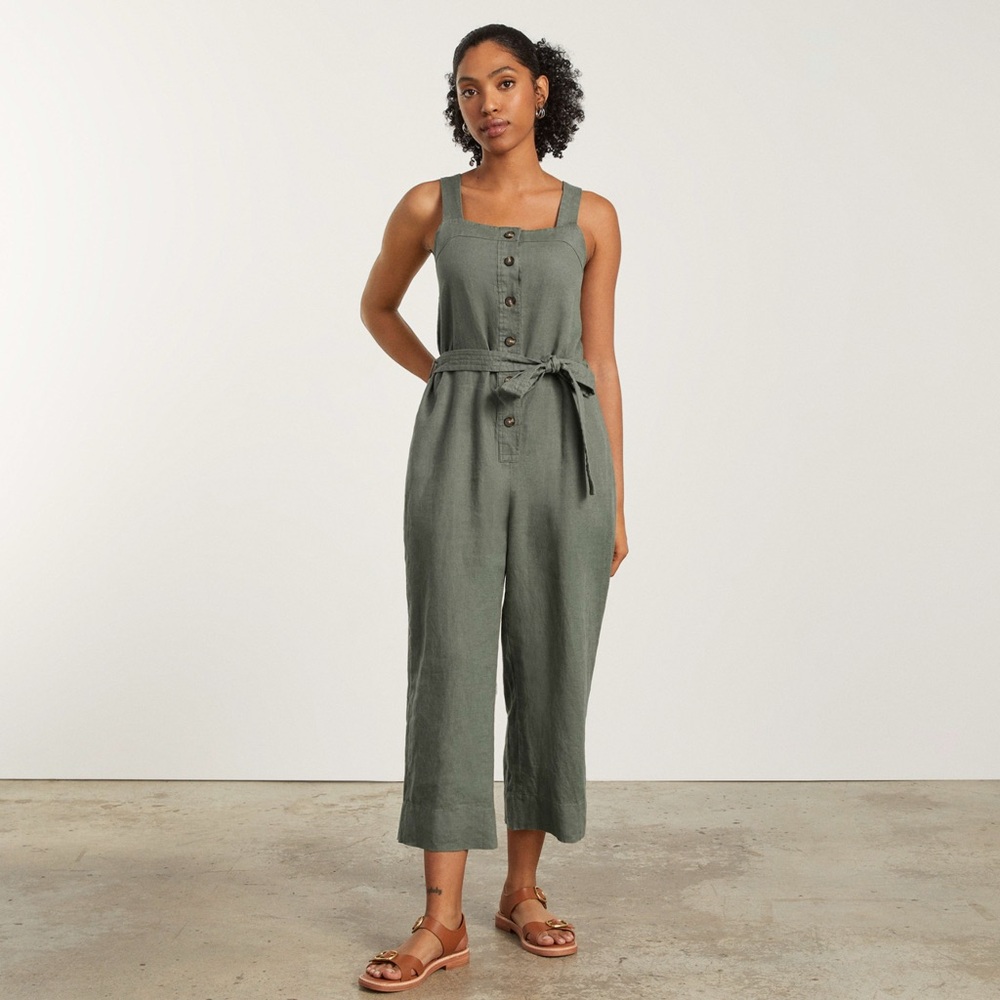 Everlane Olive Green Button-Front linen Jumpsuit